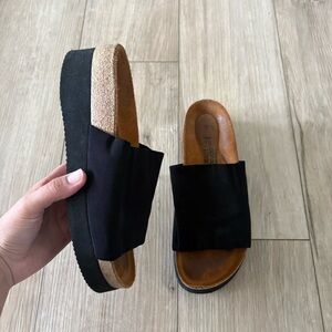 Naot Alana Womens Sandals US Size 8.0‎ M, Black Stretch Wedge Cork Slides Shoes